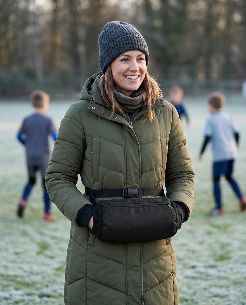 Sideline Hand Muff worn at the waist, both hands tucked inside
