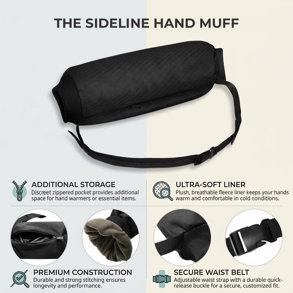 Sideline Hand Muff details: zip pocket, fleece lining, sewn-on strap, buckle